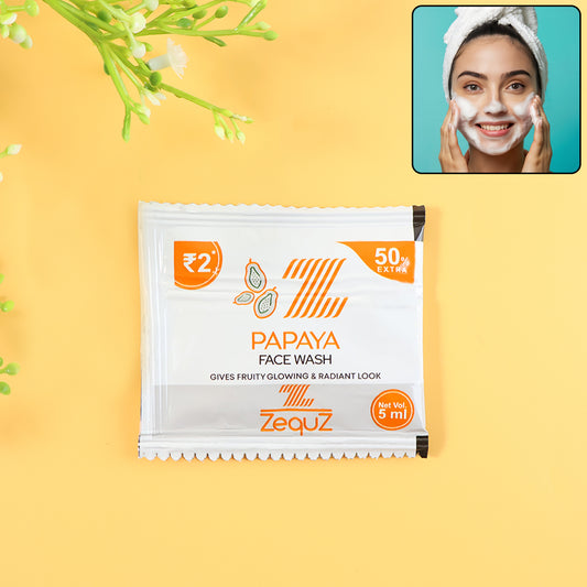 Wukusy Zequz Papaya Face Wash Sachet, 5ml single-use packet with papaya extract for gentle skin cleansing.