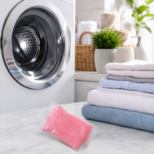 Wukusy washing fragrance powder cleaner and descaler for all machines, shown in a white powder form on a clean surface.