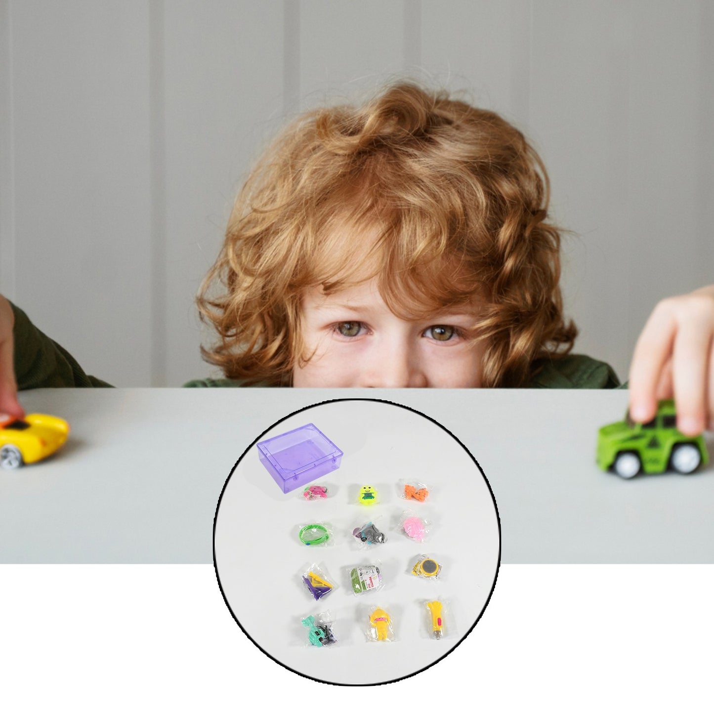 Wukusy 12-in-1 toy set for kids featuring ten small, colorful toys for curiosity and imaginative play.