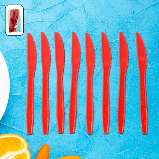 Set of 8 durable plastic kitchen knives by Wukusy, featuring colorful handles and sharp blades for various food prep tasks.