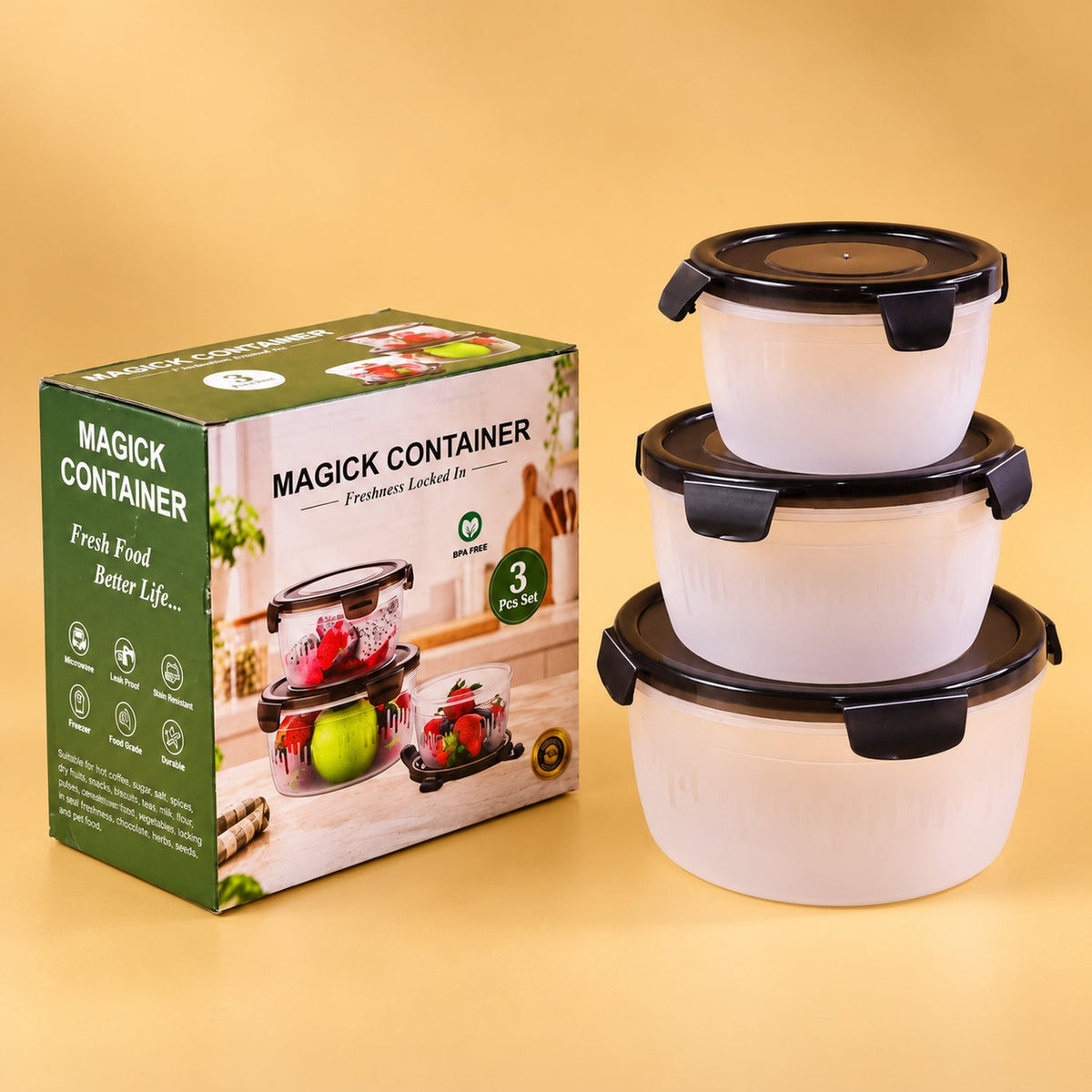 Wukusy Magick round food storage containers with clip-on lids, three sizes, 3-piece set