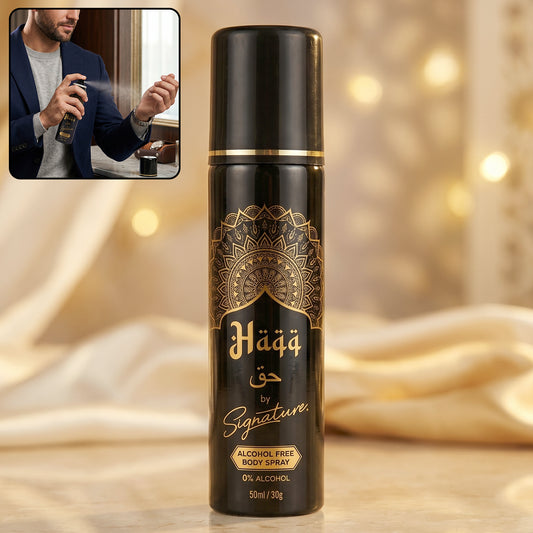 Wukusy Signature Haqq Free Body Spray bottle, 50ml with sleek packaging, designed for refreshing fragrance and body scent.
