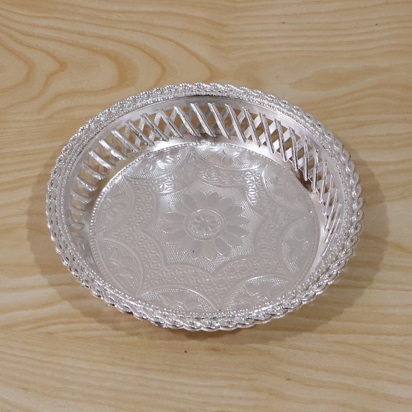 Decorative Silver Serving Tray Elegant Round Floral Design