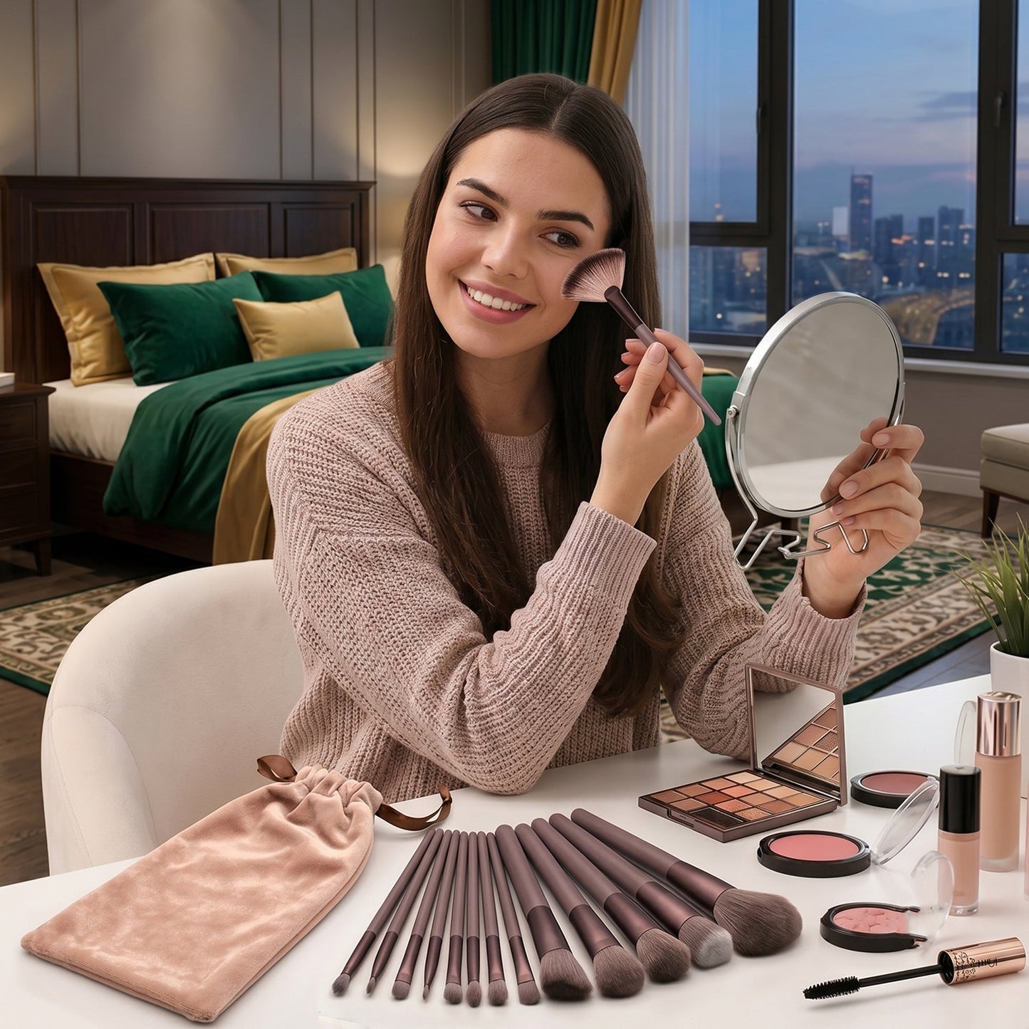 Wukusy professional 13-piece makeup brush set with soft synthetic bristles and matching pouch, displayed on a flat surface.