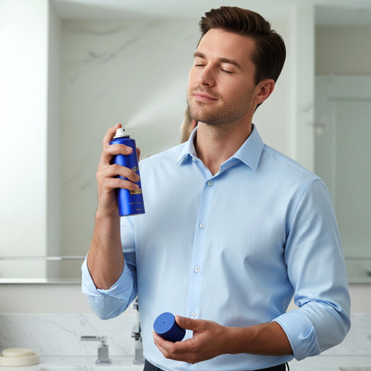 Wukusy Signature Premium Blue Fragrance Body Spray 200ml bottle with sleek blue design and spray nozzle visible.