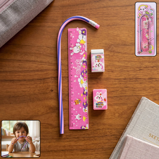 4-in-1 Cute Pink Stationery Set With Ruler Pencil Eraser Sharpener