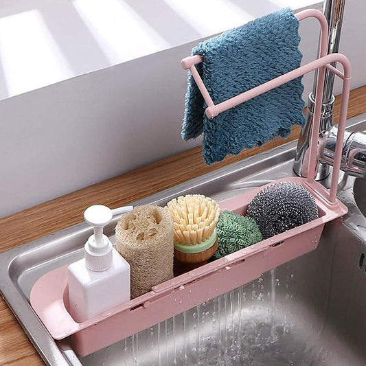 Kitchen Sink Organizer Rack With Towel Holder Drain Tray (1 Pc)