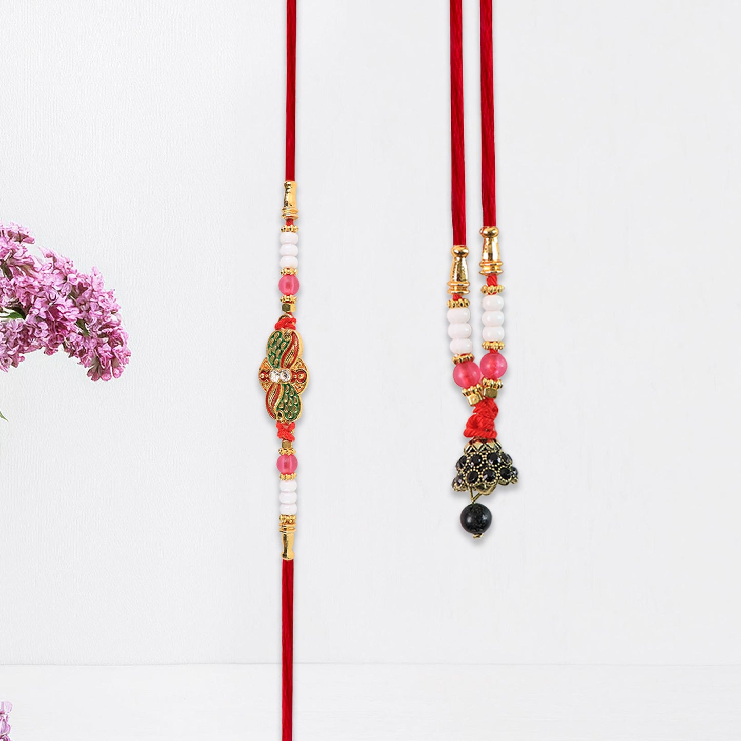 Elegant Bhabhi Lumba Rakhi With Butterfly Design Beaded Tassels Pink Stone Work
