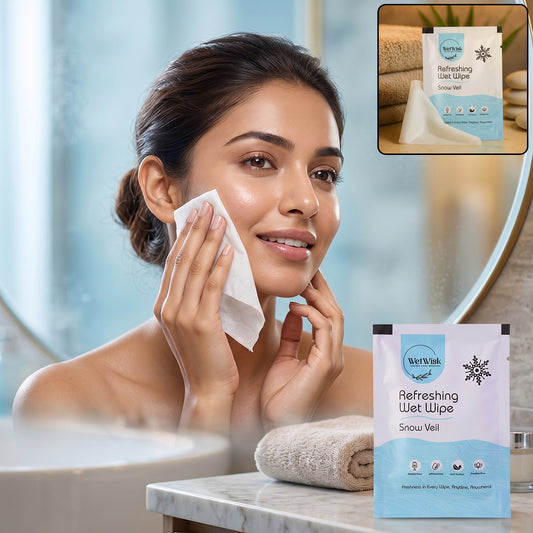 Wukusy Snow Veil refreshing wet wipes for face, body, and hands, moist cleansing wipes on a white background.