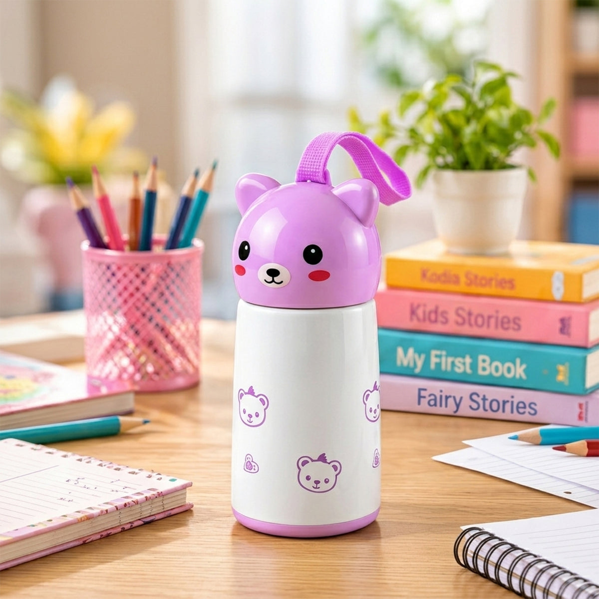 Wukusy 220ml mini vacuum water bottle with bunny cap and carry strap