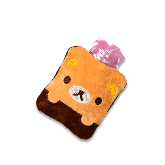 Brown panda print small hot water bag by Wukusy with cover, ideal for pain relief, neck, shoulder, hand, feet warmth, and menstrual cramps.