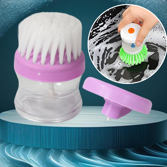 Colorful Wukusy plastic wash basin brush cleaner with liquid soap dispenser, designed for kitchen cleaning tasks.