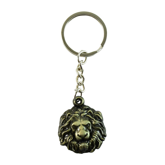 Silver lion head metal keychain from Wukusy featuring a detailed lion face design on a sturdy keyring.