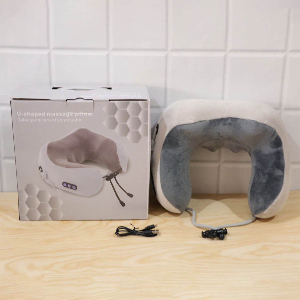 Wukusy electric U-shape neck massage pillow with heat, USB charging, designed for travel comfort, shown in image.