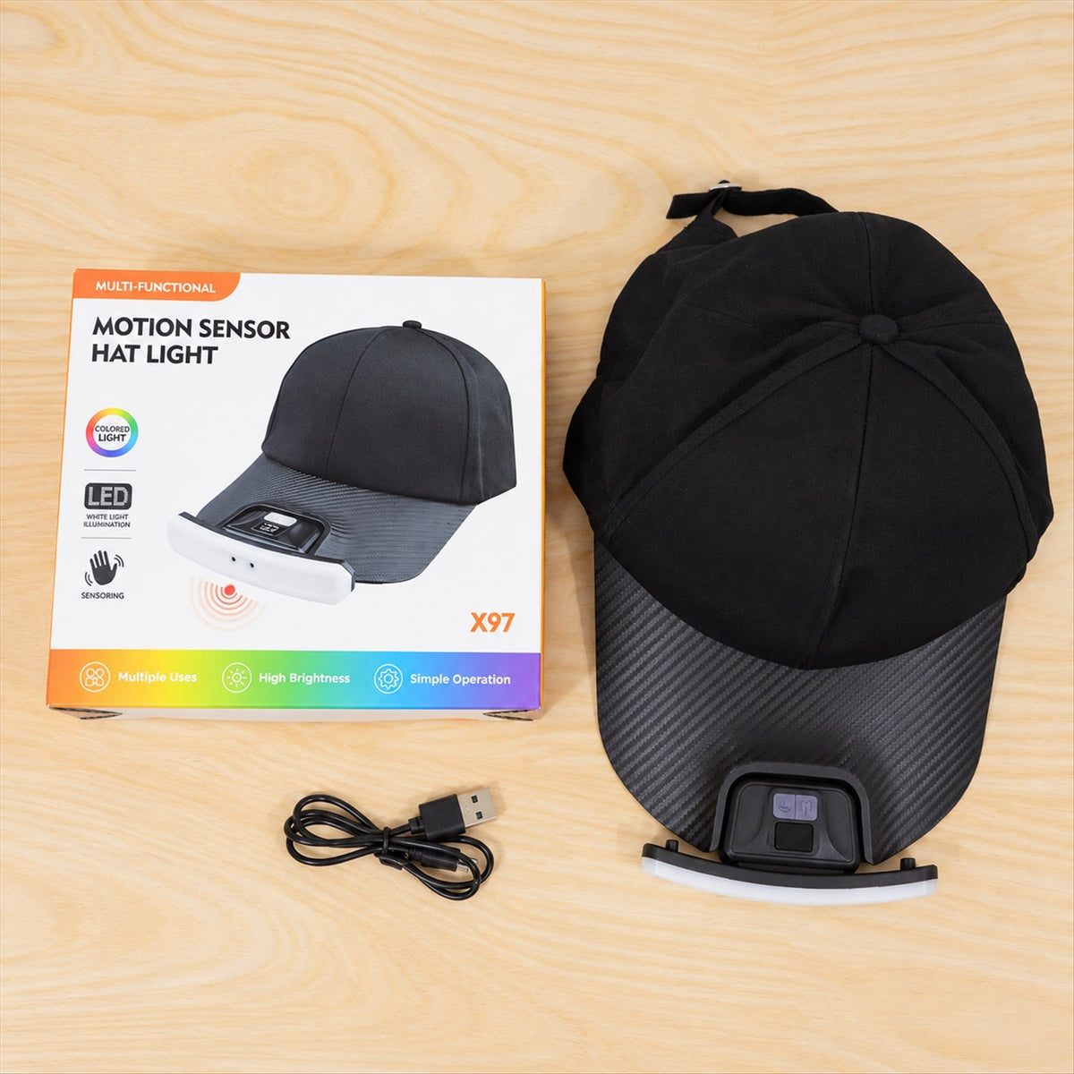 Wukusy rechargeable LED hat light with motion sensor attached to a cap, ideal for camping and outdoor activities.