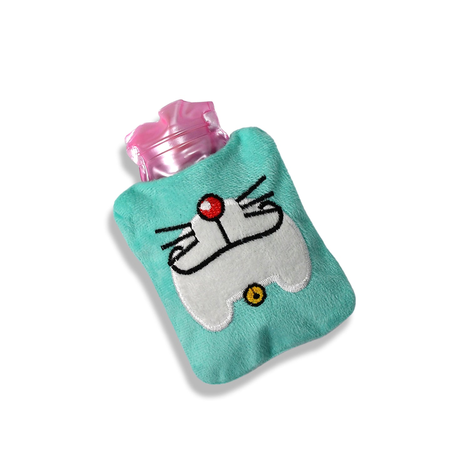 Wukusy Doremon cartoon hot water bag with cover, used for pain relief, neck, shoulder, hand, feet warmth, and menstrual cramps.