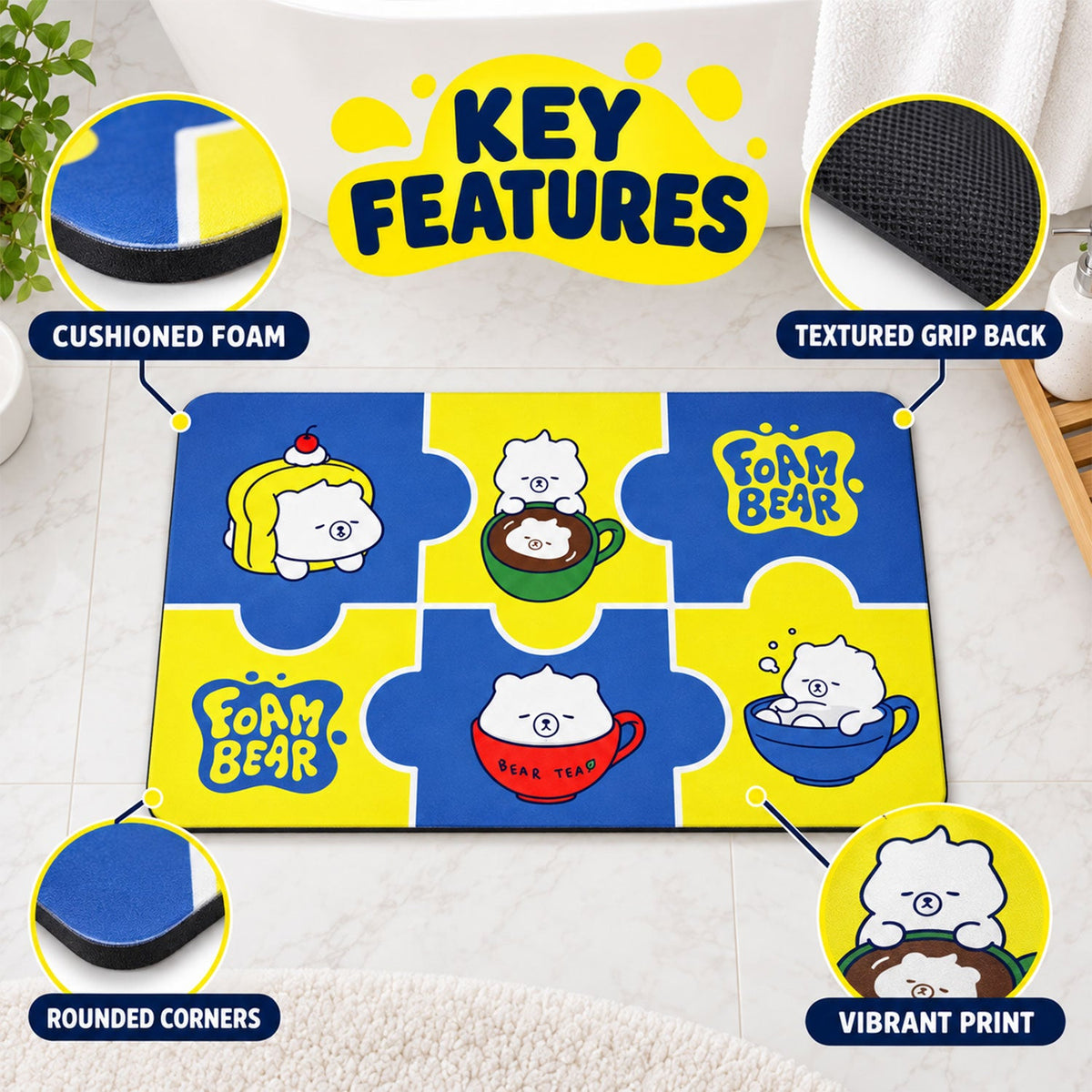 Cute cartoon bear print bathroom mat by Wukusy, quick-dry absorbent bathroom rug, 45x74 cm, ideal for bathroom decor and comfort.