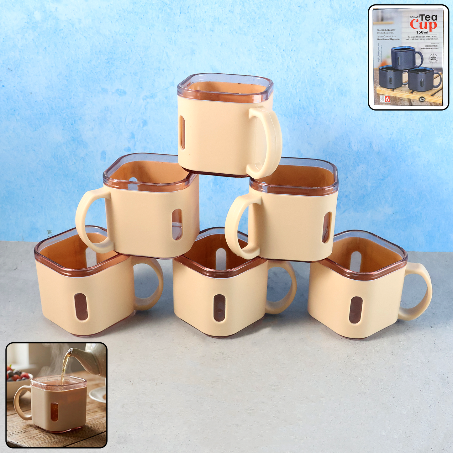 Premium Square Shape Tea Cup Set 6-piece (150 Ml)