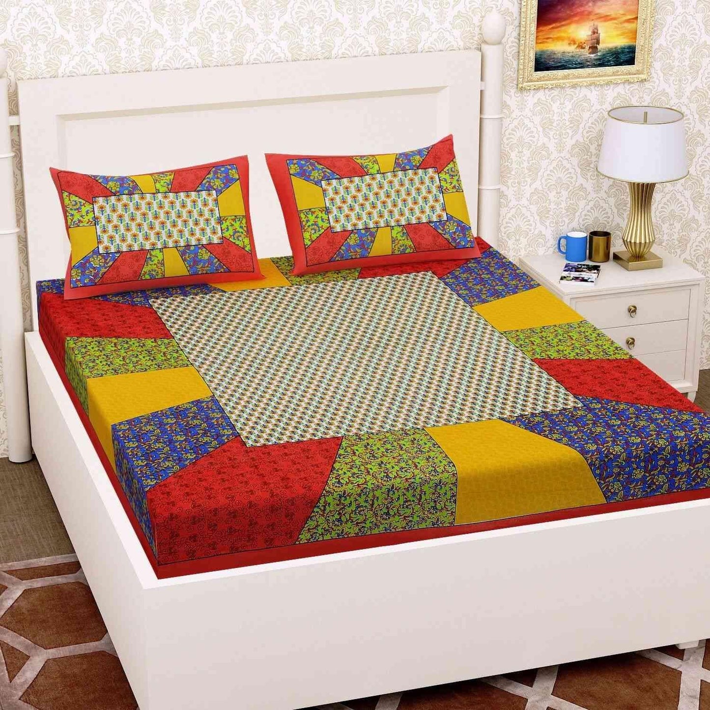 Abstract printed cotton double bedsheets featuring colorful geometric patterns, perfect for a modern bedroom decor.