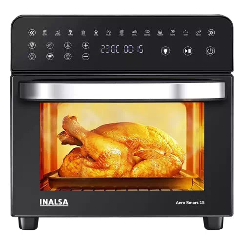 Seasons Inalsa Aero Smart 15L oven and air fryer with 14 functions, rotisserie, convection, and digital control panel.