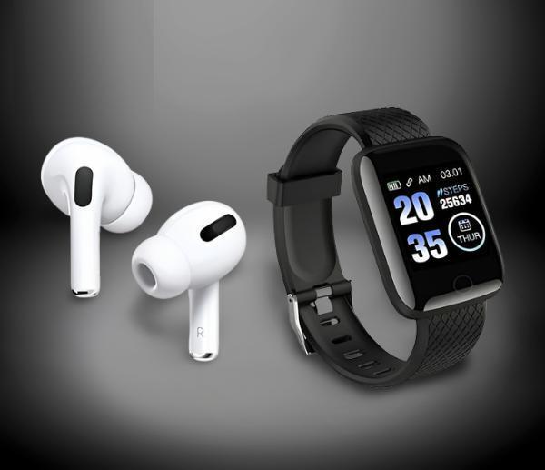 Pair of Bluetooth wireless earbuds and a smart watch in assorted colors from Drpshippr, shown together in a sleek, modern design.