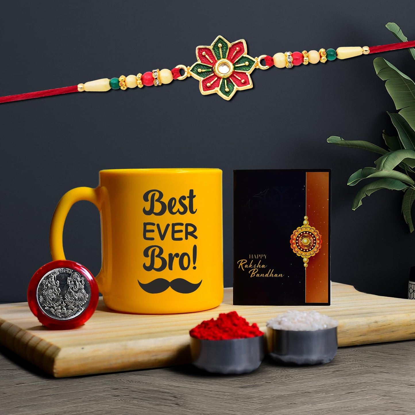 Rakhi Combo (K1_558_ytm) Plastic Unbrekable Tea Milk Coffee Mug (Yellow Best Ever Bro Mug) With Pooja Coin Greeting Card Rakhi Set Rakhi Mug Rakhi For Brother With Mug Rakhi Mug For Brother Rakhi For Brother With Coffee Mug Rakhi With