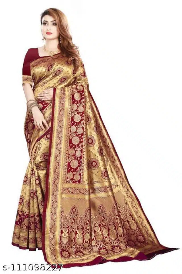 Golden and dark red Banarasi silk saree with matching blouse for women, featuring intricate traditional patterns.