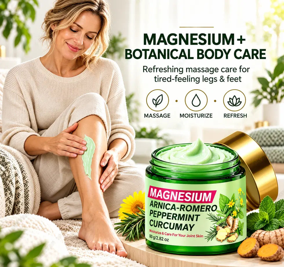 Pair of 35912 magnesium massage creams for joints, skin, and muscles, shown in sleek white tubes with blue accents.