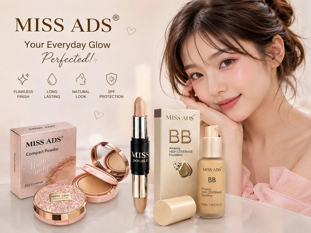 Miss Ads skin care combo featuring foundation, highlighter, and compact in sleek packaging, perfect for a radiant glow.