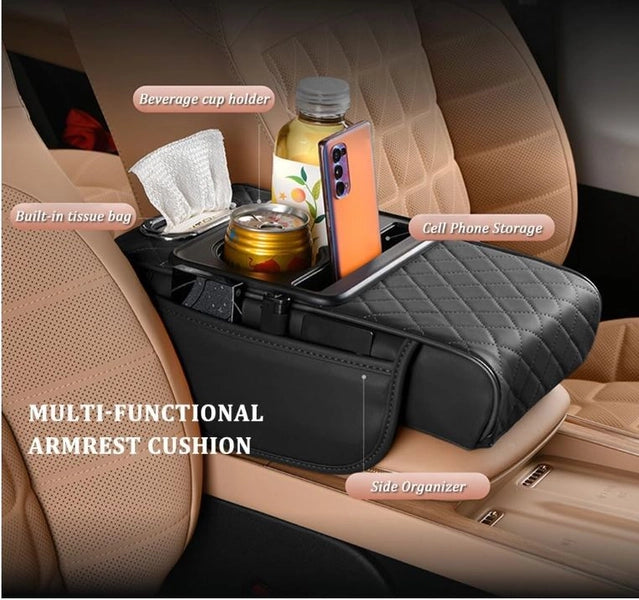 Car armrest cushion with built-in mobile holder, black foam padding, and adjustable strap for 35880 brand vehicle storage.
