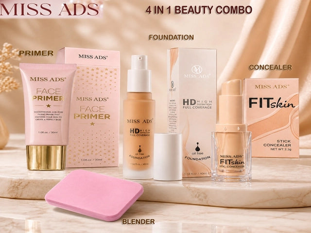 Miss ADS skin care combo including foundation, primer, concealer, and blending sponge in sleek packaging.