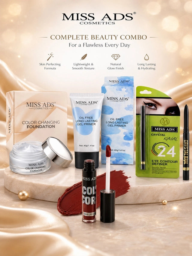MISS ADS COMBO (FOUNDATION, LIQUID LIPSTICK, PRIMER, KAJAL)
