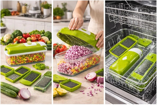 Manual 12-in-1 vegetable and fruit chopper from brand 35561, showing stainless steel blades and colorful plastic container.