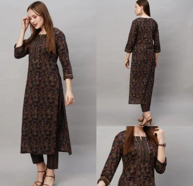 Multicolor cotton blend printed kurti with matching pants for women, stylish and comfortable women's kurta set.