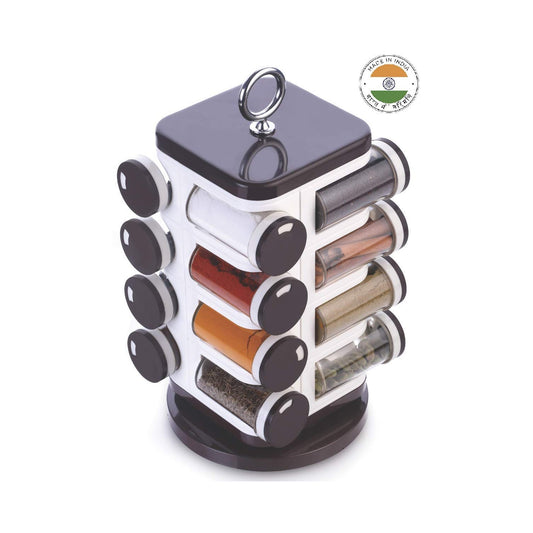 Wukusy Ganesh revolving spice rack with 16 plastic spice dispensers, each 100ml, ideal for kitchen storage and organization.
