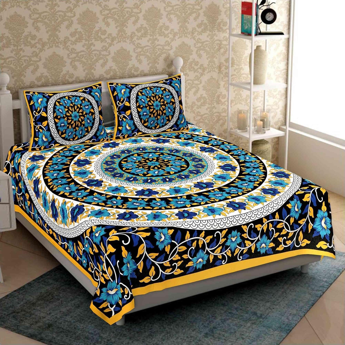 Cotton printed double bedsheet from Drpshippr with colorful floral pattern and soft fabric for comfortable bedding.