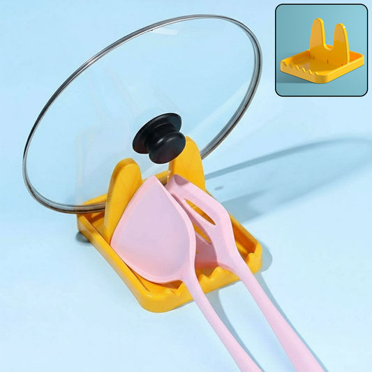 Wukusy multipurpose kitchen lid and spoon holder stand on countertop, black plastic with slots for lids and utensils.