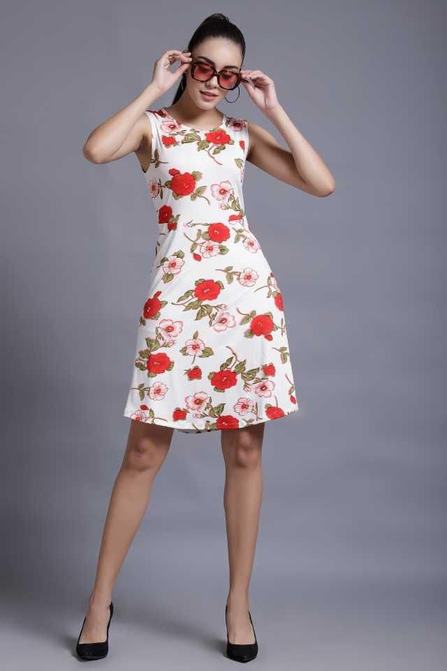 Women's floral A-line dress from Darzi's Lycra blend collection, featuring a stylish, flowy design perfect for casual or semi-formal wear.