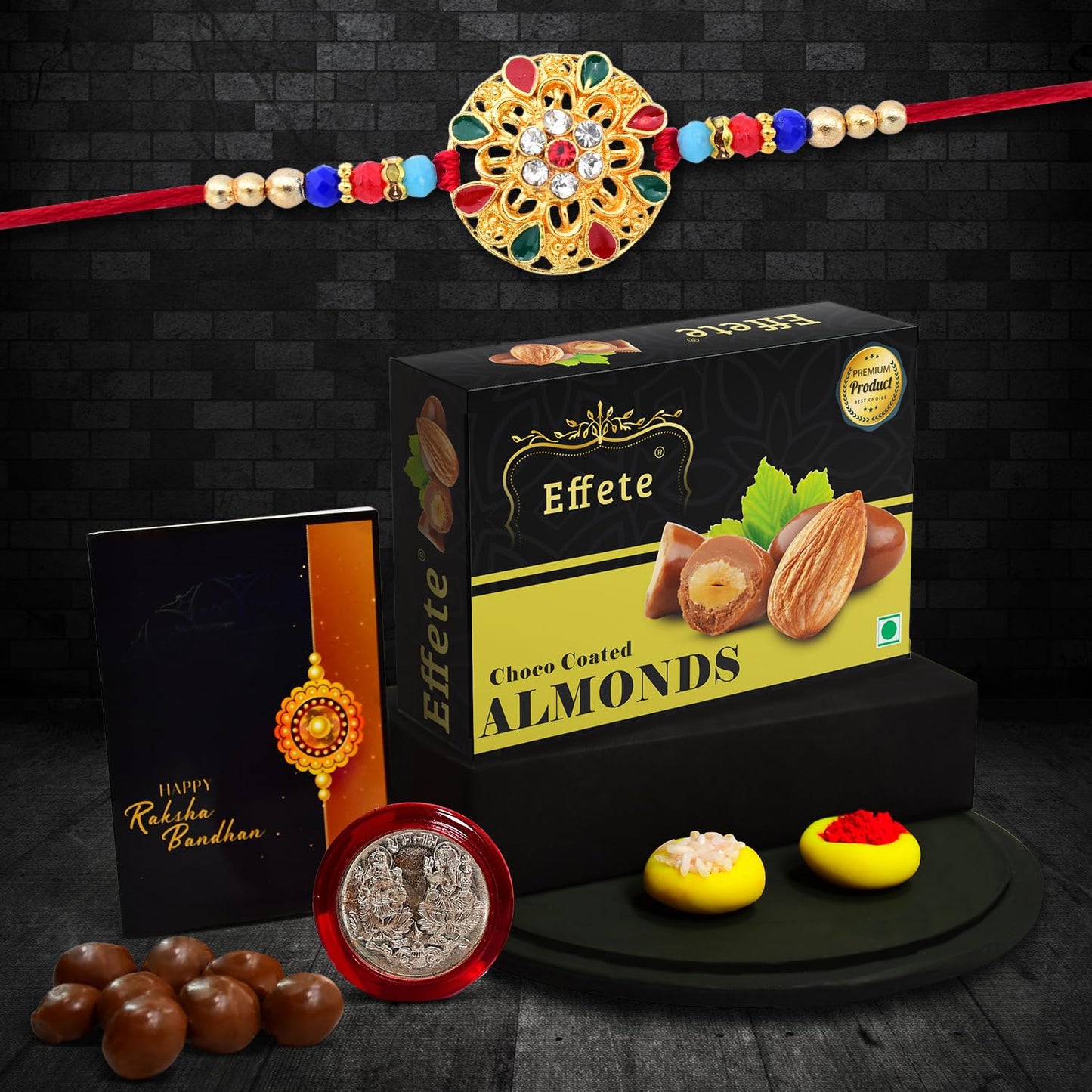 (K1_430_ca32) Rakhi Combo With Chocolate Almonds 32gm Stylish Rakhi For Brother Rakhi Chocolate For Brother Rakhi Brother Rakhi With Gift Handmade Rakhi Set Of 1