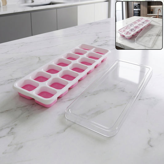 Multipurpose Plastic Ice Cube Tray With Lid (1 Pc 14 Gride Pink)