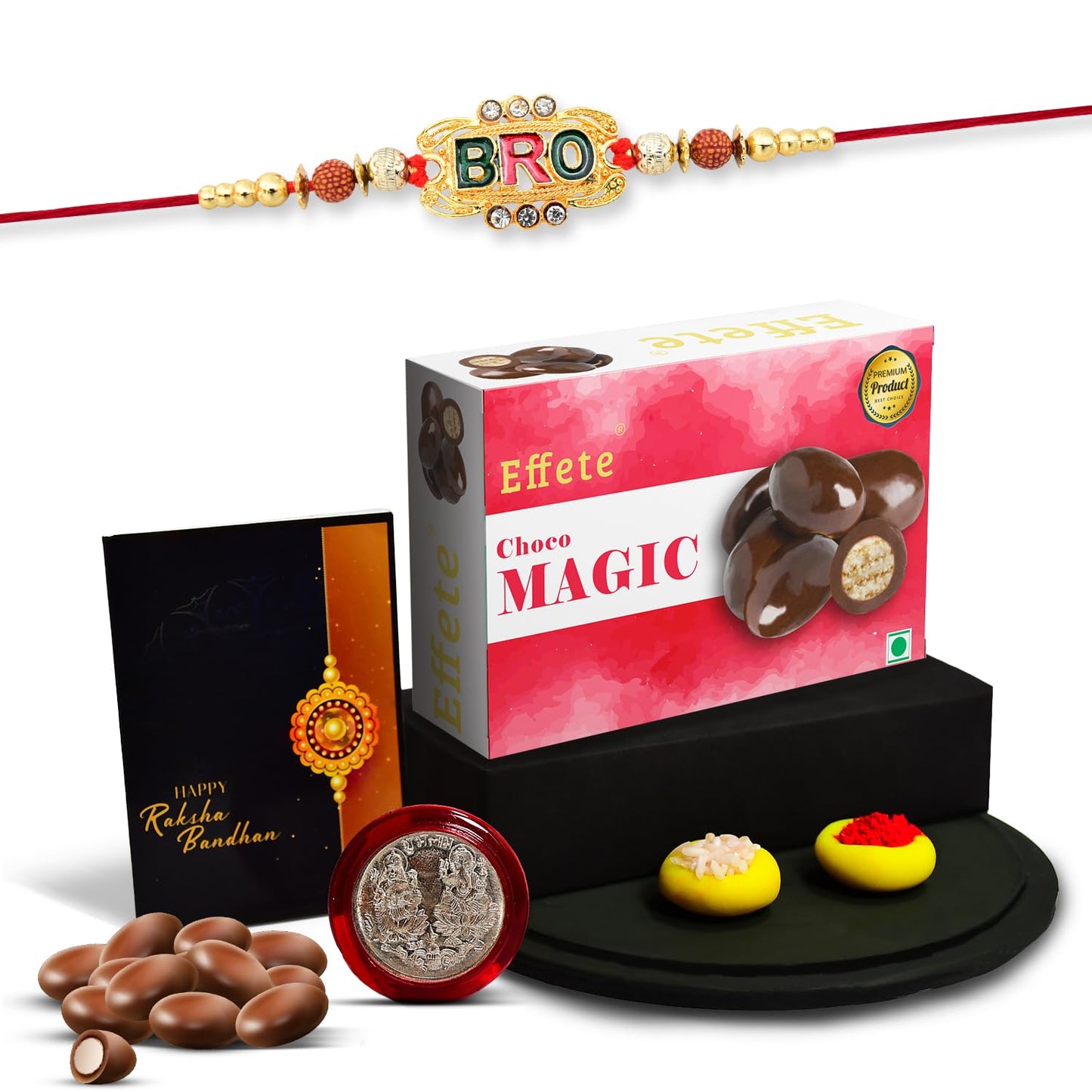 Multicolor Oval Flower Rakhi Bracelet (K1_510_cm32) Chocolate Magic 32gm Silver Color Pooja Coin Roli Chawal Greeting Card Occasion Stylish Rakhi Brother Set Of 1 Rakhi