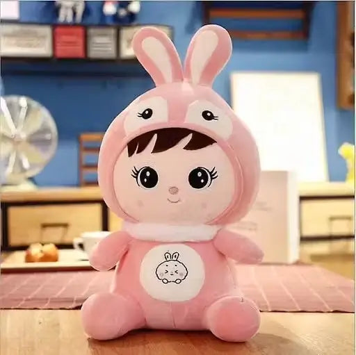 Stuffed Doll with Bunny Cap – Pink Plush Toy for Kids and Girls