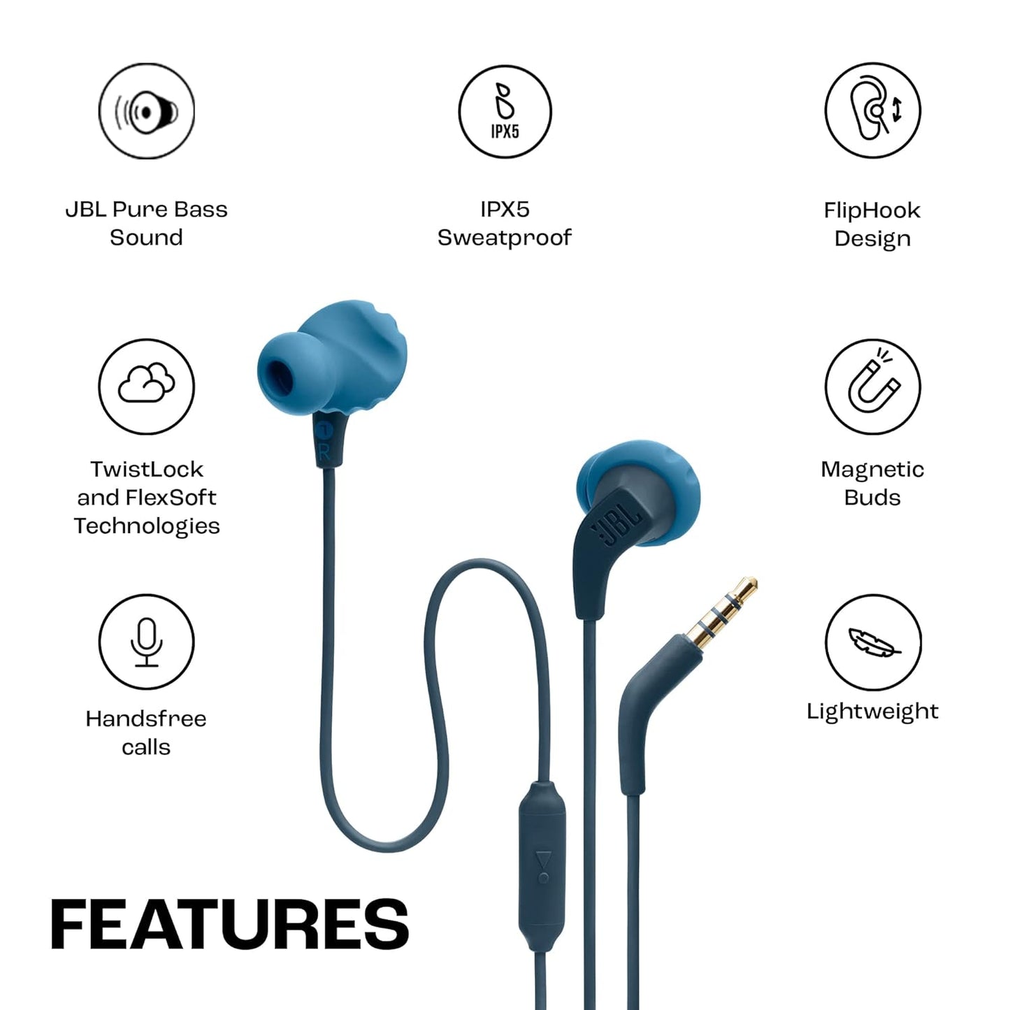 JBL Endurance Run 2 with Fliphook & TwistLock Technology, Pure Bass, IPX5 Sweatproof Wired Headset (Blue, In the Ear)