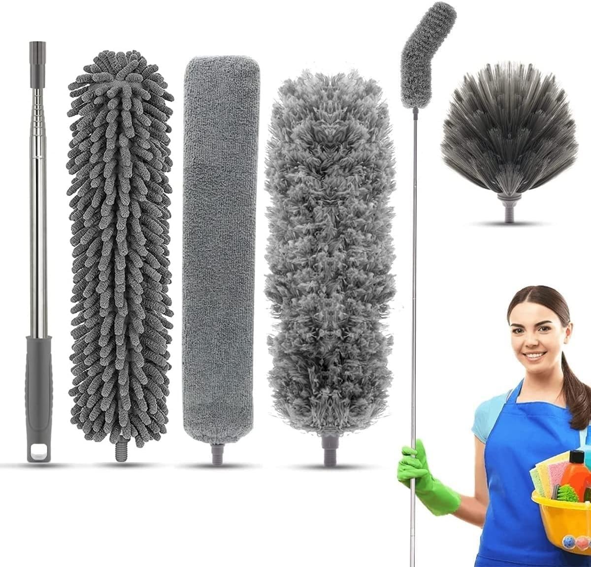 Seasons Microfiber Feather Duster 4PCS - Extendable & Bendable Dusters with Long Extension Pole, Washable Lightweight Dusters for Cleaning Ceiling Fan, High Ceiling (3 in 1 Duster)