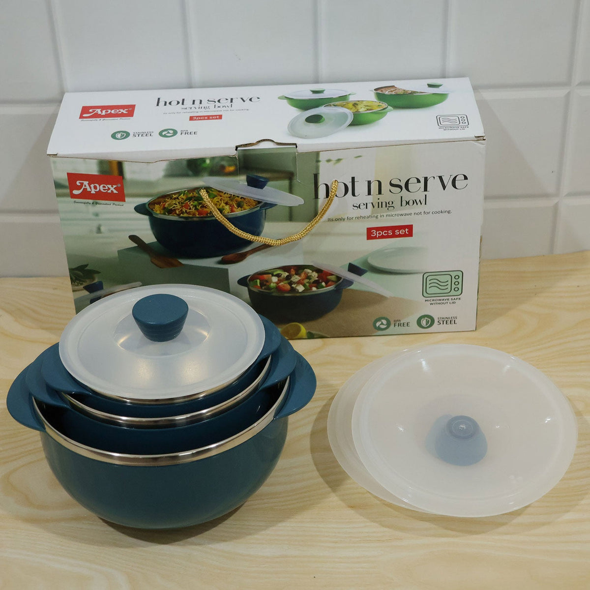 Wukusy Apex hot and serve serving bowl set with steel inner casseroles and lids, three-piece kitchen storage and serving set