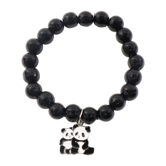 Black beaded stretch bracelet with a cute panda charm from Wukusy, featuring a stylish and playful accessory design.