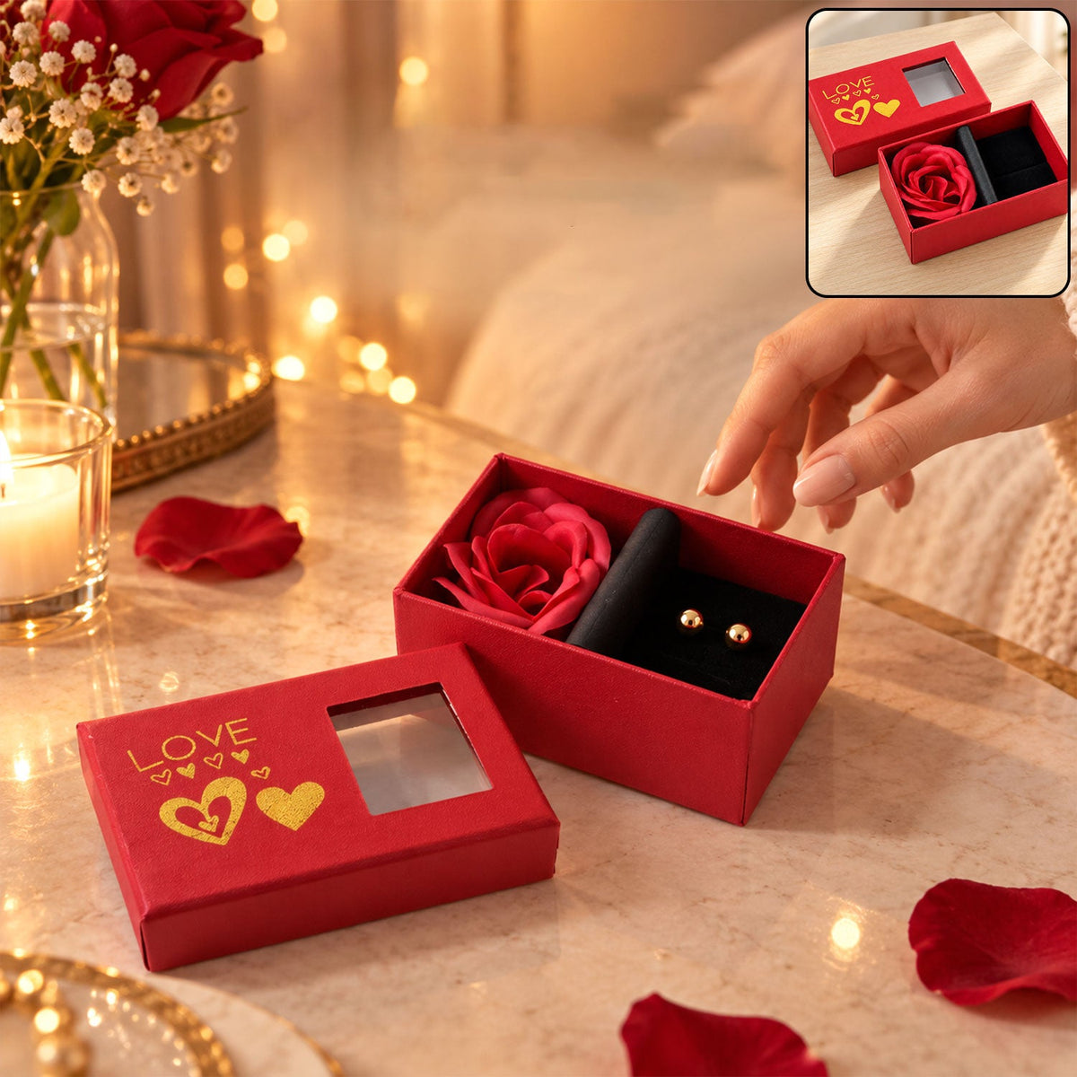 Wukusy rose flower jewelry gift box with display window, designed to hold a ring or small jewelry piece.