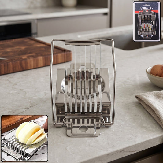 Wukusy stainless steel egg slicer cutter for boiled eggs, compact kitchen tool with multiple slicing options for even egg slices
