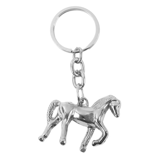 Wukusy metallic horse-shaped keychain with a shiny finish, featuring a detailed horse design on a keyring.