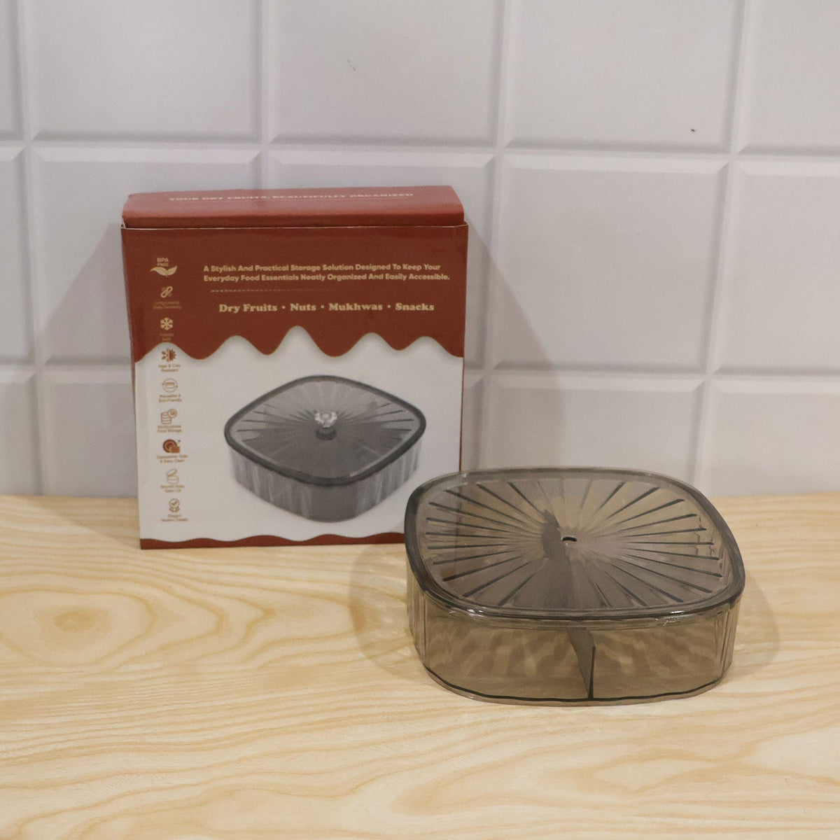 Wukusy dry fruit storage box with four compartments and lid, ideal for nuts, snacks, and dried fruits.
